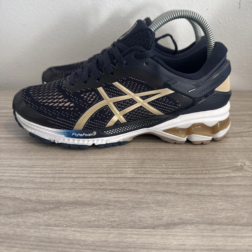 ASICS Gel Kayano 26 Flyte Foam Running Train Gym Shoes Navy/Gold Women's Sz 8